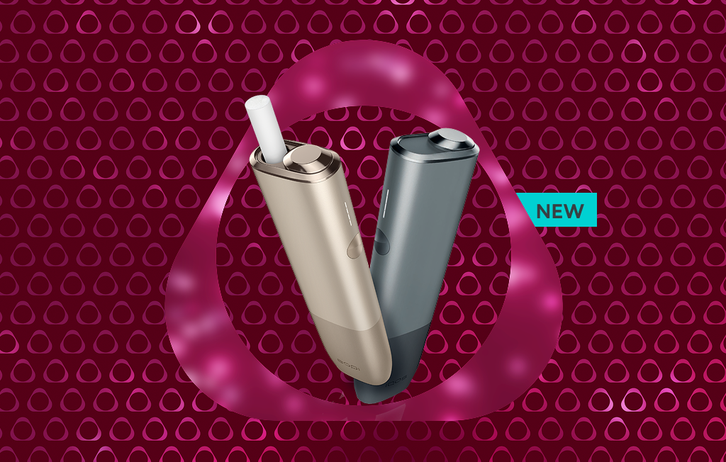 A Pebble Beige IQOS ILUMA ONE device with a TEREA stick inside and a Pebble Grey IQOS ILUMA ONE device on a red background. Includes 